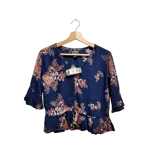 Angie Tops - NWT Angie Navy Blue Floral Print 3/4 Sleeve‎ Peplum Boho Blouse